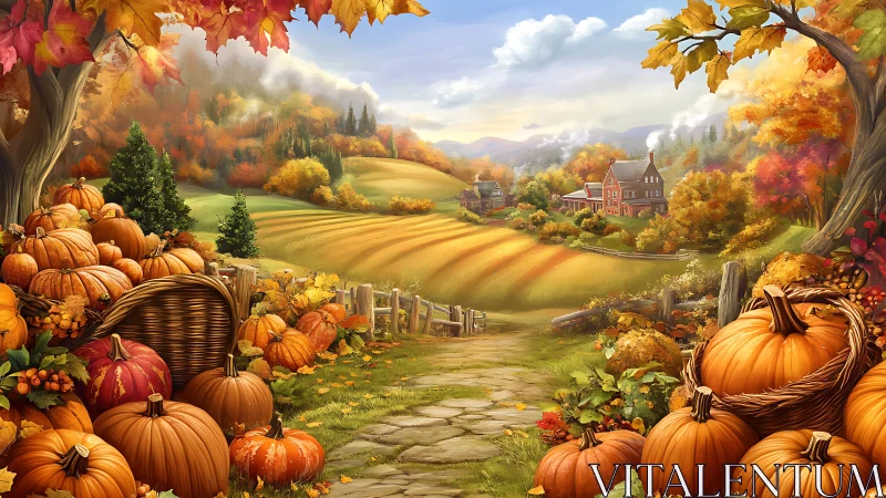 Pumpkin-laden country lane basking in honeyed autumn glow.