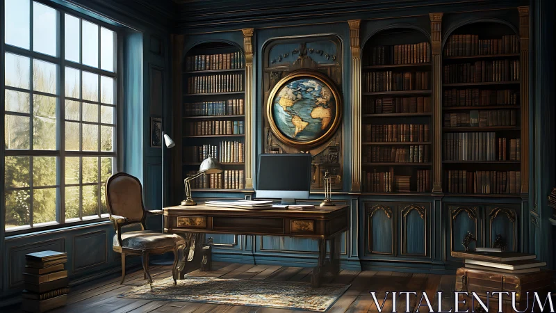 Elegant blue home library blends vintage charm and modern tech.