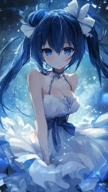 Celestial blue anime girl in frilled white dress underwater glow