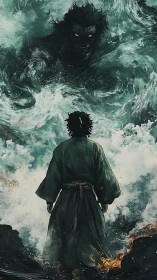 Lone robed figure confronts dark sea spirit in storm.