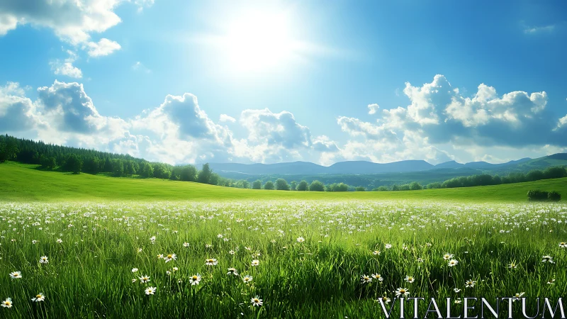 Sunlit wildflower meadow stretches beneath vivid blue sky.