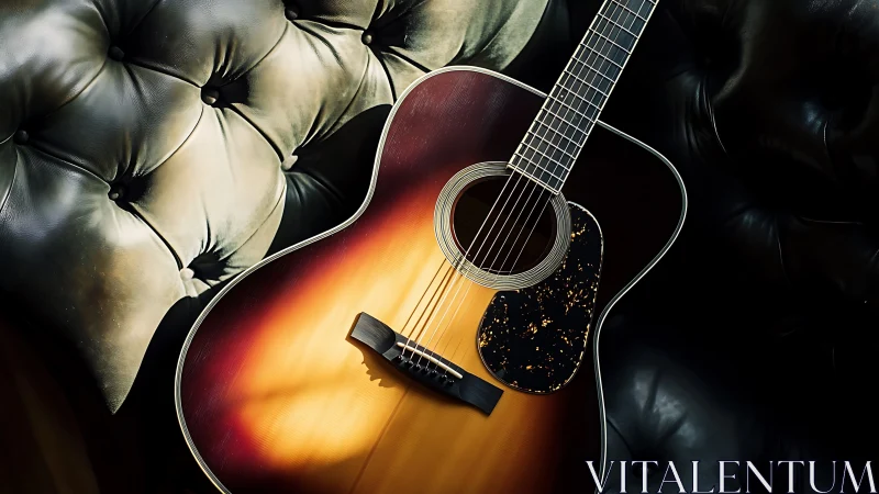 Sunburst acoustic guitar resting on dark leather sofa.