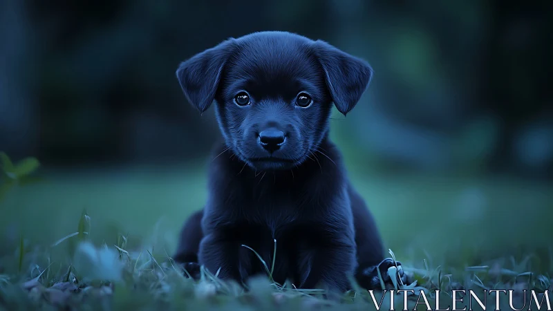 Gentle black puppy rests in cool blue evening grass glow
