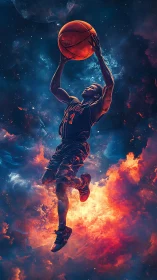 Astrophysical basketball ascent in nebular chromatic bloom.