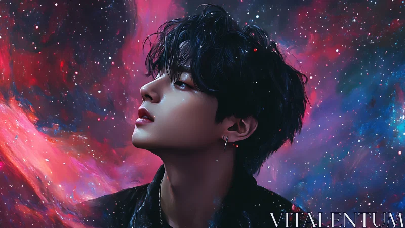 Stargazing dreamer leans into a swirling cosmic night sky