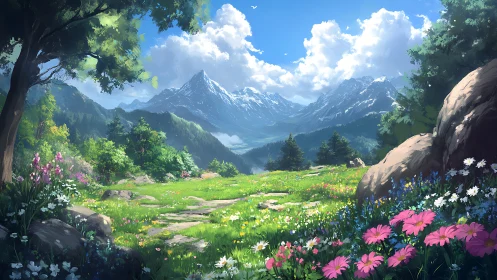 Bright alpine meadow with wildflowers and distant peaks.