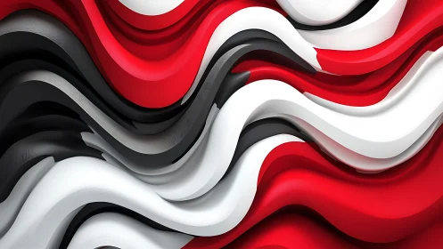 Layered red white black fluid ribbons in 3D abstract relief