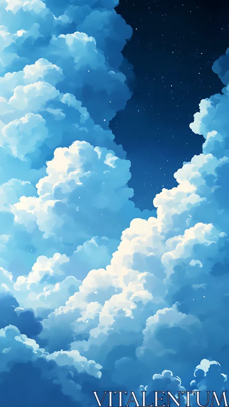 Billowing celestial clouds framing a starry night window.