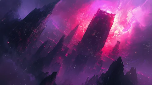 Neon monolith skyline rises through luminous cosmic storm
