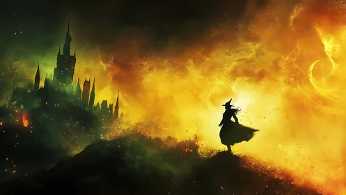 Wandering witch pauses before a glowing, stormy castle sky.