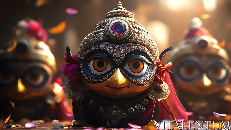 Ornate deity-inspired figurine glows amid festive petals