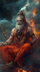 Ascetic sage in fiery meditation with dramatic orange robes.