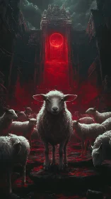 Sacrificial white sheep before crimson occult monolith.