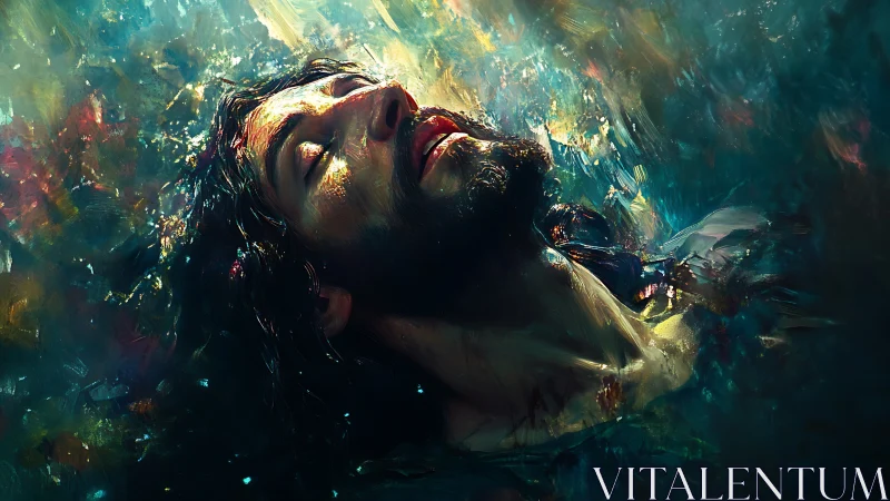 Expressive digital portrait shows submerged bearded man in radiant light