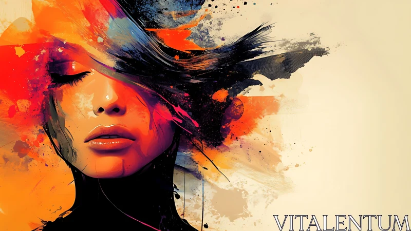 Digital portrait merges vivid splashes with serene face.