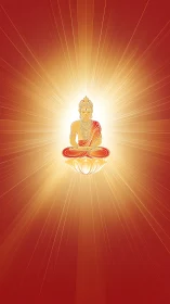 Radiant golden Buddha meditating on lotus amid sunburst