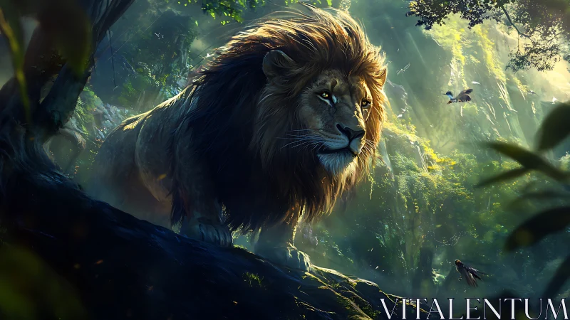 Digital lion rendered on forest slope with directional light