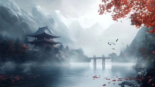 Mist-veiled pagoda and bridge contrast against snowbound peaks