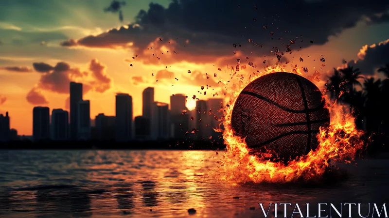 Photorealistic flaming basketball against coastal skyline at dusk.