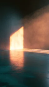 Volumetric sunset light through doorway on reflective floor.
