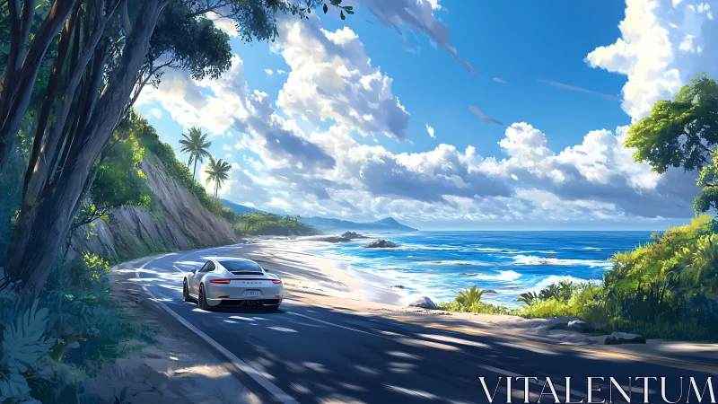 Sports car cruises a sunlit tropical coast road at midday