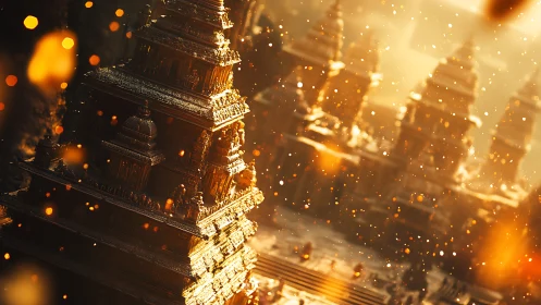 Golden temple towers amid drifting glowing particles.