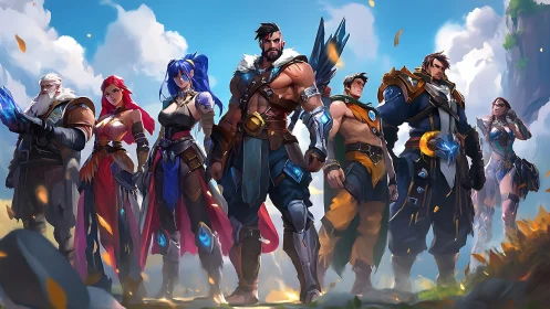 Colorful fantasy heroes stand united beneath bright skies.