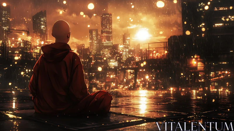 Solitary monk meditating in neon-lit rain over cyber city