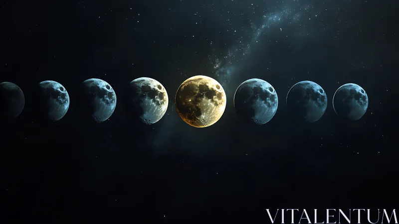 Luminous lunar phases parade through a cosmic midnight sky.