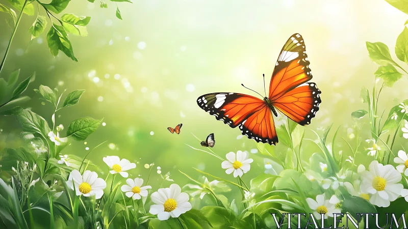 Orange butterfly flies over daisies in bright green meadow