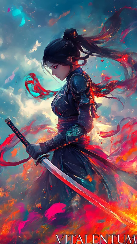 Flame-lit samurai warrior amid swirling neon stormscape.