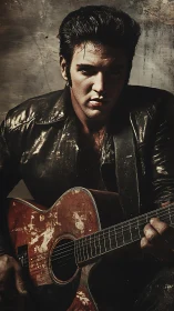 Textured low-key portrait of leather-clad guitarist icon.