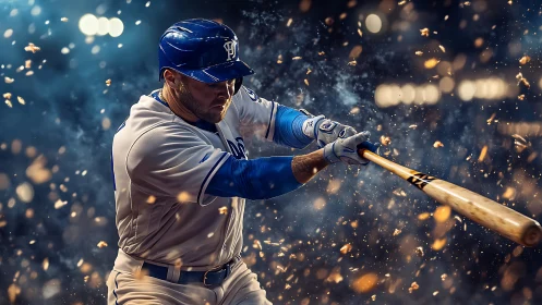 Kinetic baseball swing captured with cinematic particulate bloom.