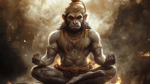 Simian deity figure in armor meditating amid smoky ruins.