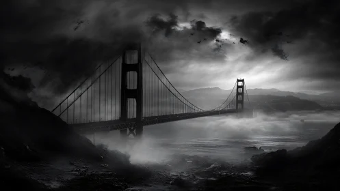 Storm-drenched suspension bridge brooding above ghostly fog.