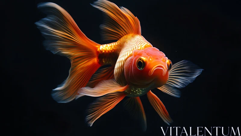 High-contrast macro portrait of fantail goldfish in blackwater