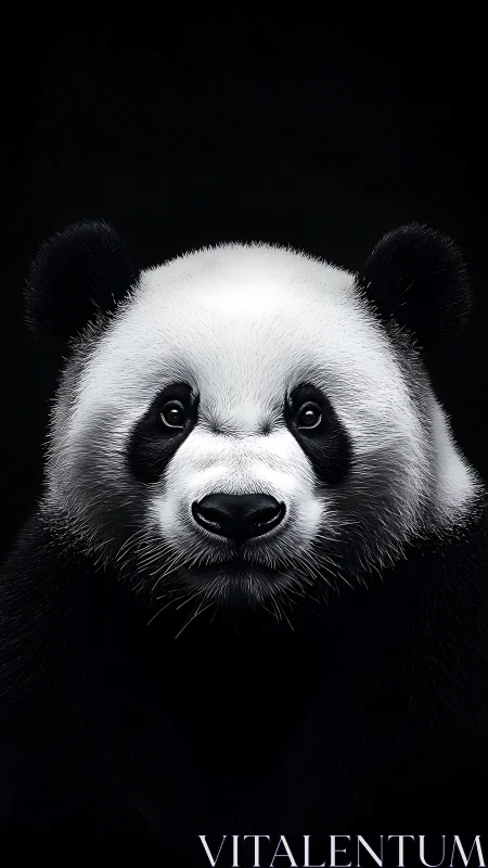 High-contrast frontal panda portrait in deep black background.