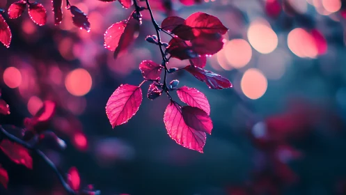 Branch with red leaves against blurred circular lights.