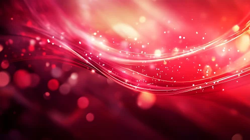 Vibrant red abstract waves with glowing bokeh and light streaks.