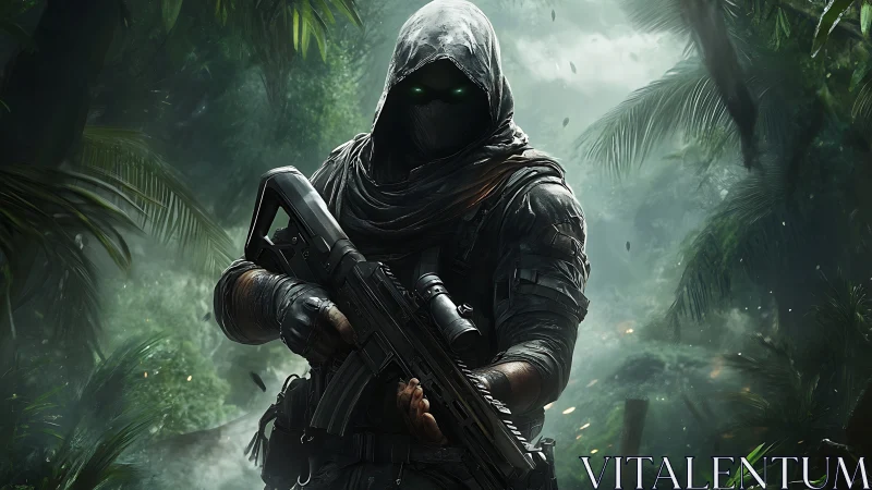 Hooded armed figure standing in dense tropical jungle environment.
