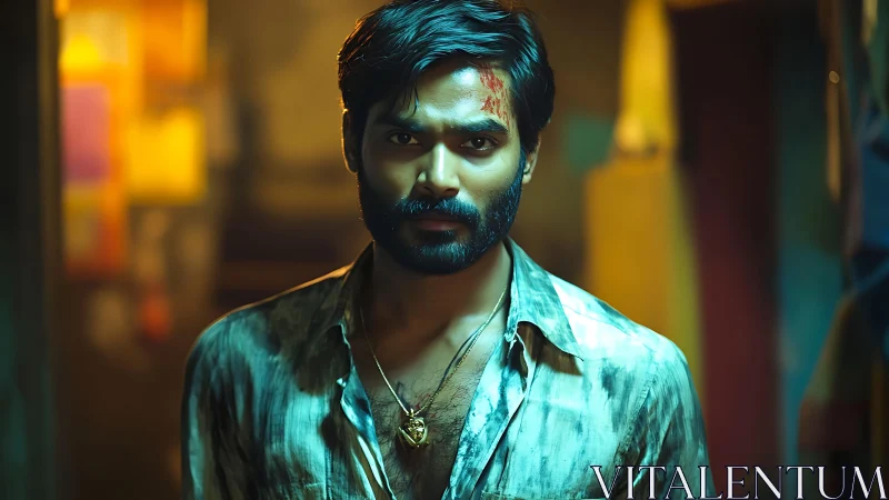 Brooding nightwalker with bloodied brow in neon hush.