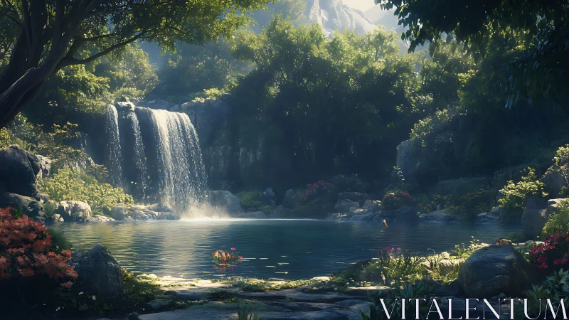 Sunlit forest waterfall pours into a tranquil hidden lagoon