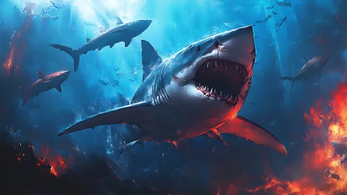 Great white shark group in vivid deep ocean environment.