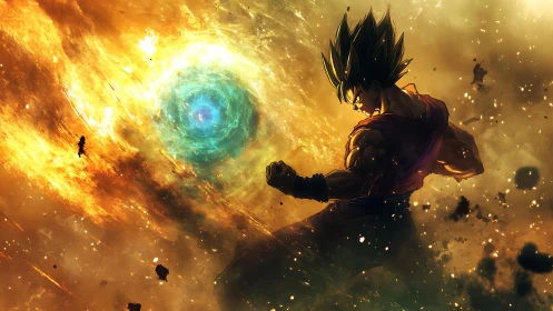 Cel-shaded warrior confronting cosmic vortex in fiery void