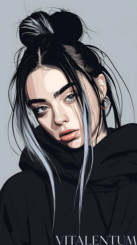 Moody digital portrait of a young woman in dark hoodie.