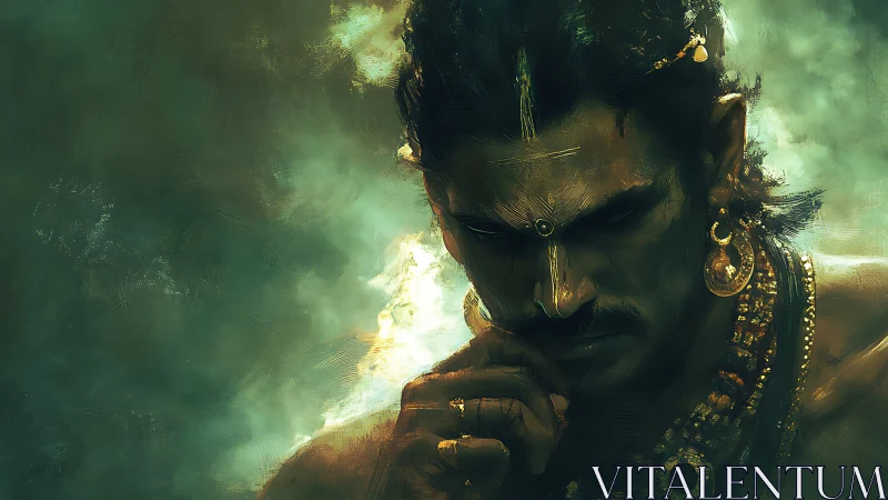 Warrior sage broods under emerald stormlit haze.