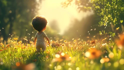 Sunlit toddler exploring wildflower meadow in soft bloom.