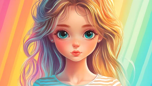 Rainbow-lit anime girl portrait with luminous teal eyes.