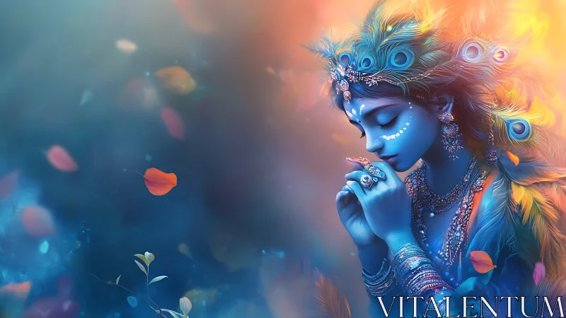 Blue-skinned figure with peacock feathers rests in prayerful pose