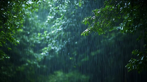 Rain falling through verdant forest canopy creates serene natural beauty